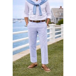 IZOD Men 36x30 (36x29) Seersucker Pants Blue White Striped Cropped Casual Summer